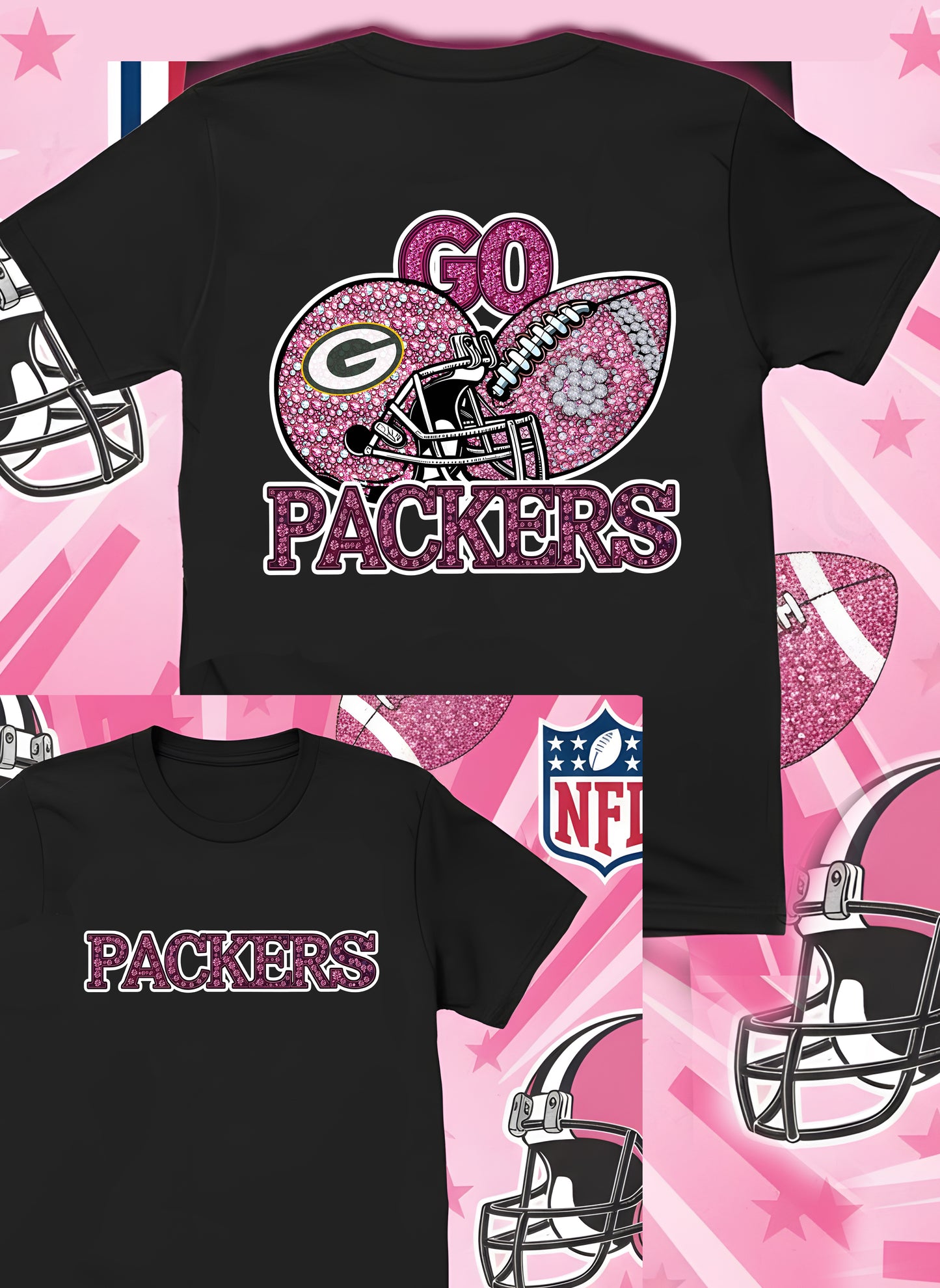 DTF Transfer • Green Bay Football • Pink Out Rhinestones (GO) + Helmet & Football