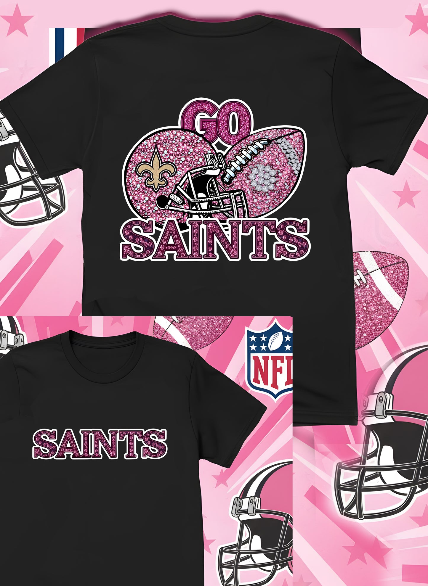 DTF Transfer • New Orleans Football • Pink Out Rhinestones (GO) + Helmet & Football