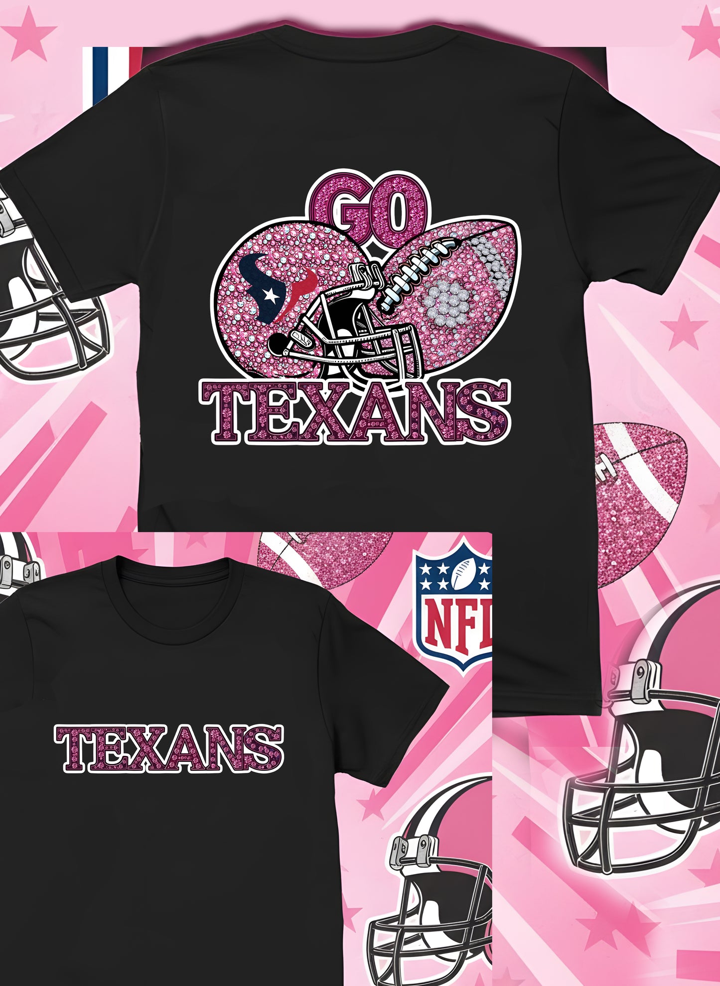 DTF Transfer • Houston Football • Pink Out Rhinestones (GO) + Helmet & Football
