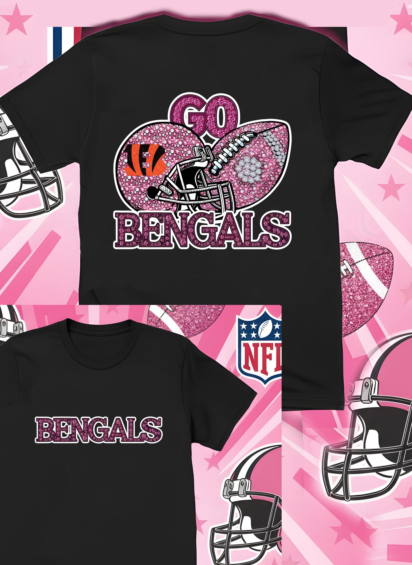 DTF Transfer • Cincinnati Football • Pink Out Rhinestones (GO) + Helmet & Football