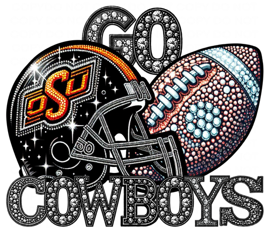 DTF Transfer • Oklahoma State College Football • Rhinestone Letters (GO) + Helmet & Football
