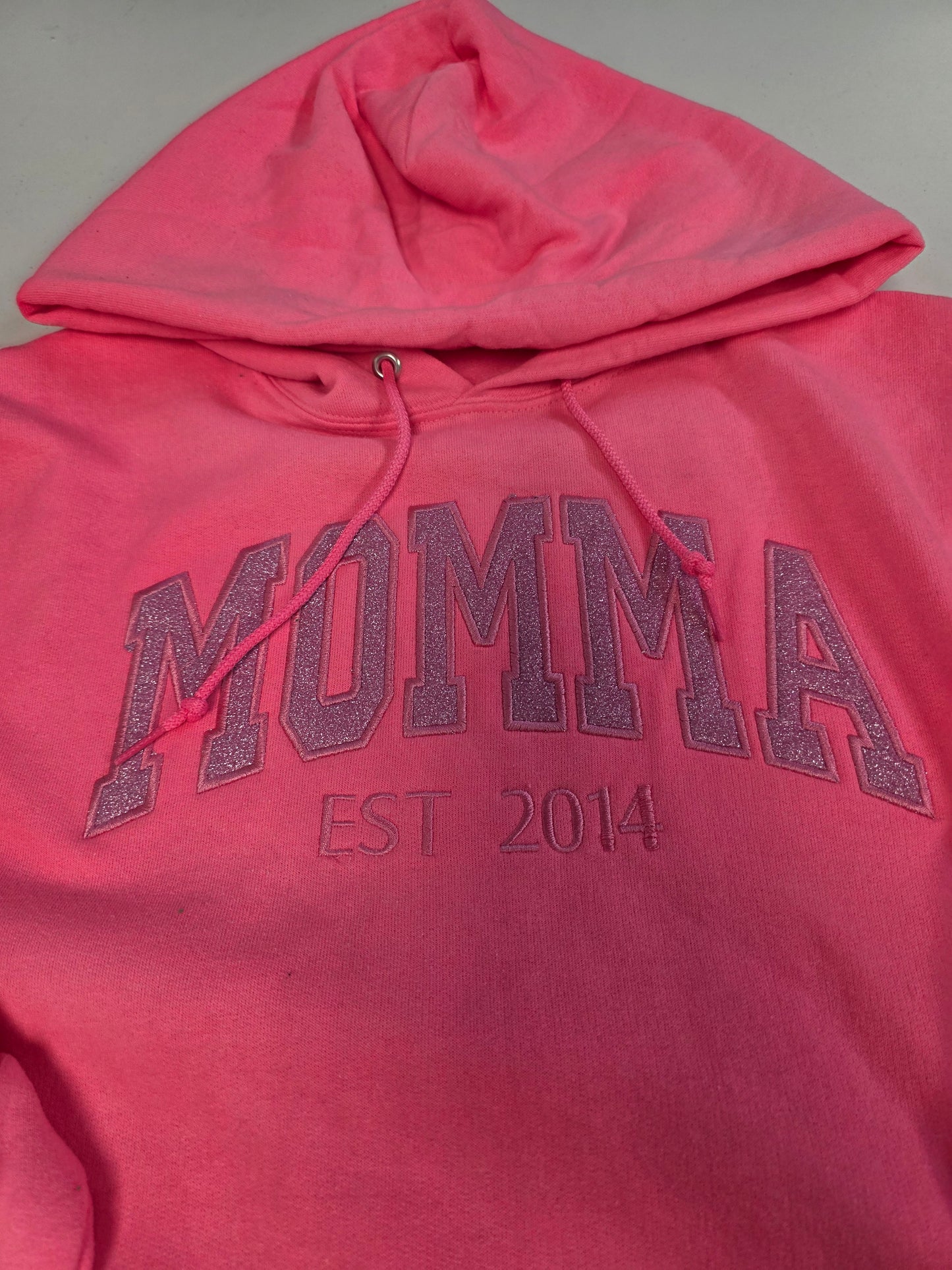 Glitter MOMMA Hooded Sweatshirt with Custom EST date